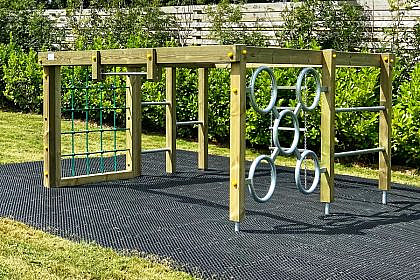 Delabole Activity Frame, Climb Net, Pull Up Bar, Ladder, Delabole Rings.