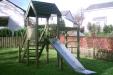 Single Tower Play Frame with Slide, Steps, Vertical Bars and Climb Net